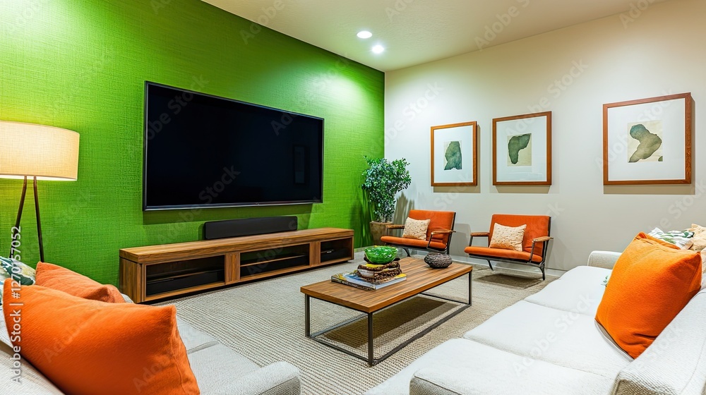 Modern Home Theater Room Design with Green Wall and Orange Accents Modern Home Theater Room Design with Green Wall and Orange Accents