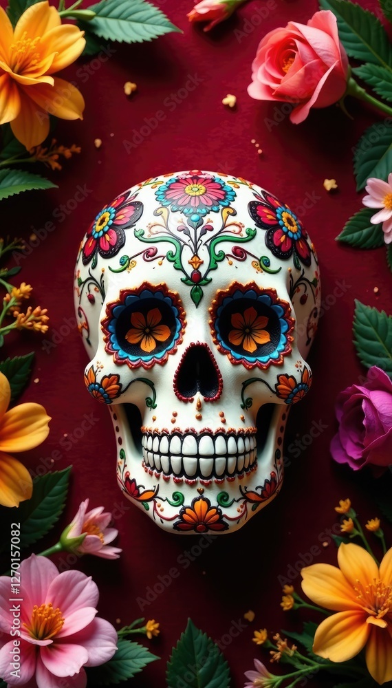 Colorful sugar skull on a red velvet background adorned with exotic flowers and greenery, cultural heritage, floral, festive Colorful sugar skull on a red velvet background adorned with exotic flowers and greenery, cultural heritage, floral, festive