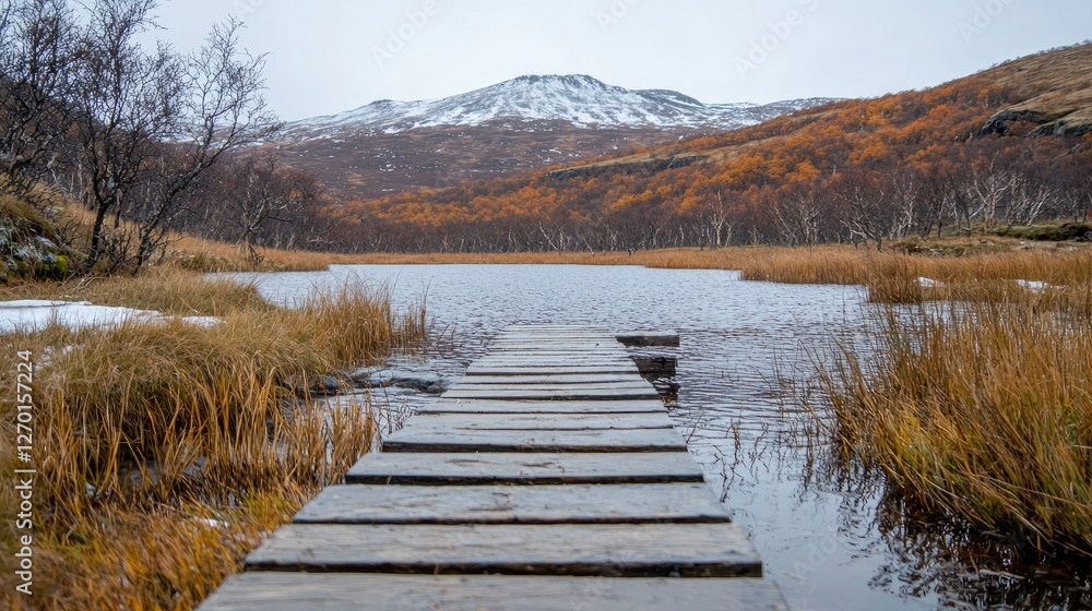 Obraz premium Wooden pier leads into a calm lake surrounded by autumn grass and snow-capped mountains.