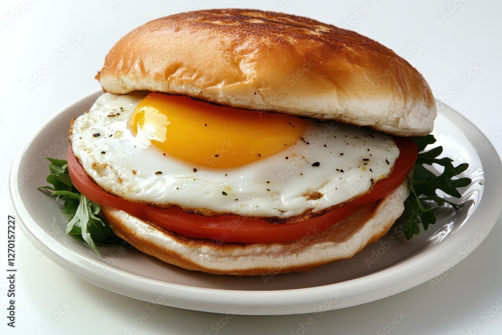 Delicious Breakfast Sandwich with Fried Egg, Tomato, and Fresh Greens on a White Plate Delicious Breakfast Sandwich with Fried Egg, Tomato, and Fresh Greens on a White Plate