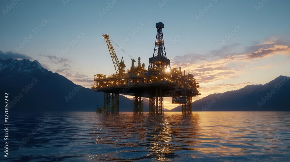 Offshore Oil Platform at Sunset Reflecting on Calm Water with Mountains in Background Offshore Oil Platform at Sunset Reflecting on Calm Water with Mountains in Background