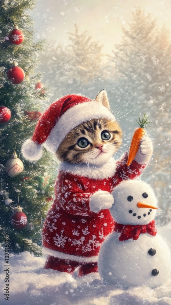 Festive Feline, A Kitten's Winter Wonderland Christmas Celebration Scene Festive Feline, A Kitten's Winter Wonderland Christmas Celebration Scene