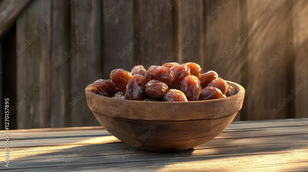 Fresh Dates in a Rustic Wooden Bowl on a Table with Natural Light Background Fresh Dates in a Rustic Wooden Bowl on a Table with Natural Light Background