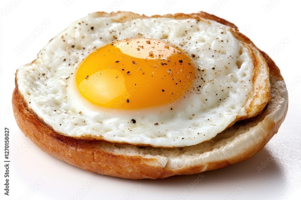 Delicious Fried Egg on Toast with Seasoning and Bright Yellow Yolk Isolated on White Background Delicious Fried Egg on Toast with Seasoning and Bright Yellow Yolk Isolated on White Background