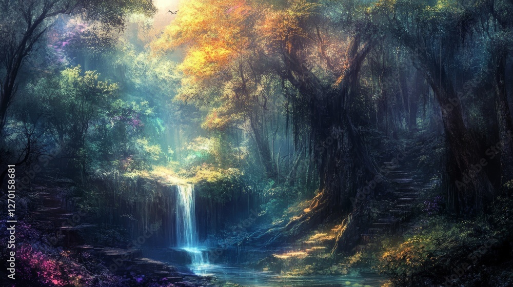 Enchanted Waterfall in a Mystical Forest Enchanted Waterfall in a Mystical Forest