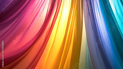 Curtain unveils vibrant hues, abstract backdrop, soft light; a moment of discovery and transformation.