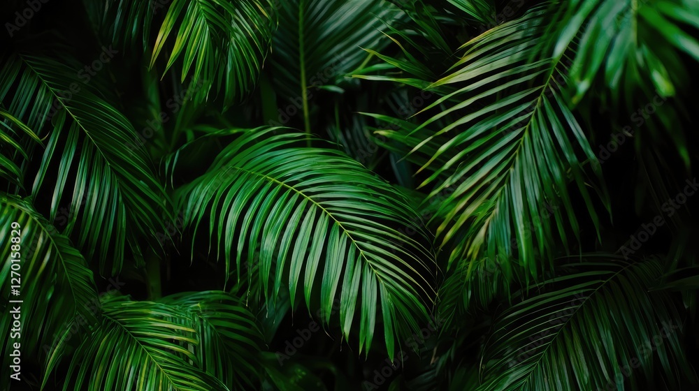 Lush green palm leaves overlapping in a tropical setting, creating a serene and vibrant backdrop Lush green palm leaves overlapping in a tropical setting, creating a serene and vibrant backdrop