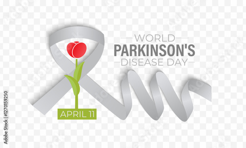 World Parkinson's Day is on 11 April. A mix of red tulips, brain illustrations and Realistic Ribbon. Banner poster, flyer and background design template. Vector illustration. Eps 10.