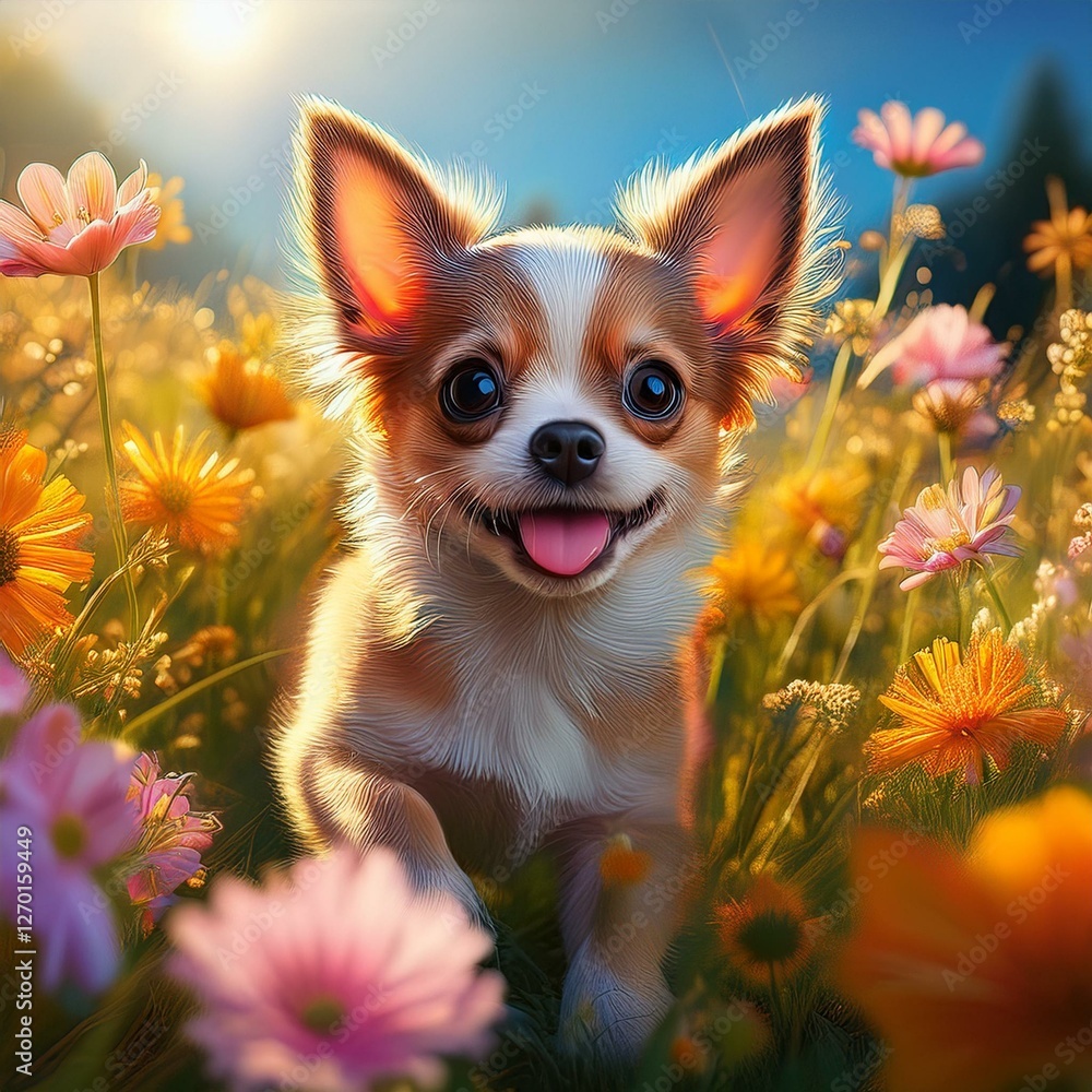 Chihuahua Welpe auf einer Blumenwiese Chihuahua Welpe auf einer Blumenwiese
