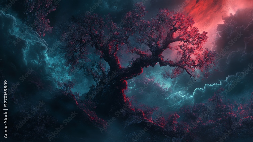 Enchanted Twilight: A Surreal Landscape of a Majestic Tree Against a Celestial Background Enchanted Twilight: A Surreal Landscape of a Majestic Tree Against a Celestial Background