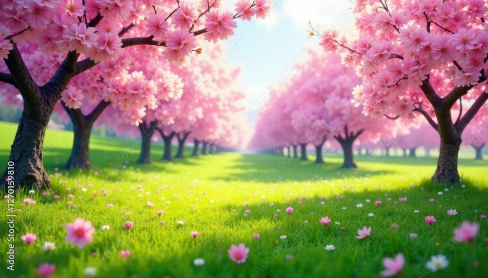 pink cherry blossoms scattered across a lush meadow, cherry, meadow pink cherry blossoms scattered across a lush meadow, cherry, meadow