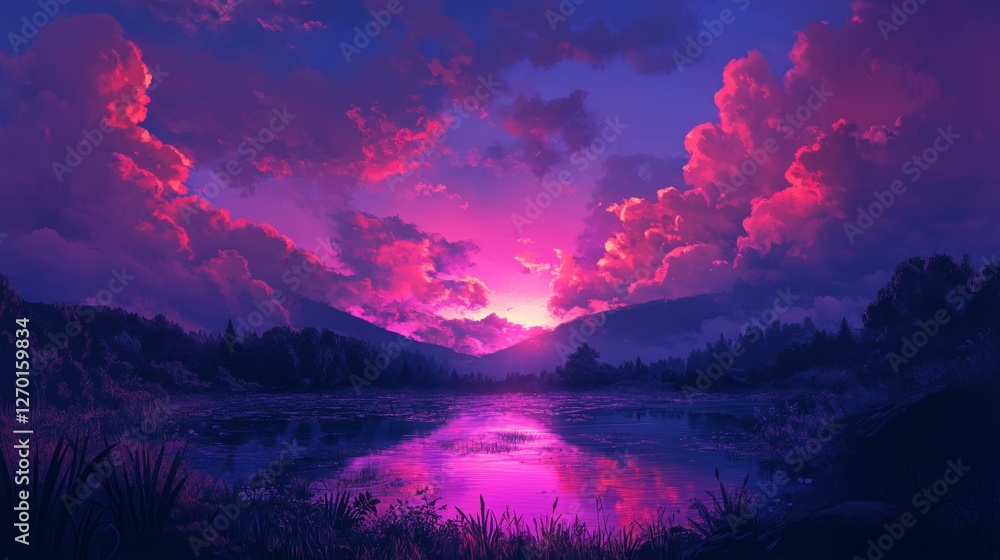 Vibrant Sunset Over Serene Lake and Mountains Vibrant Sunset Over Serene Lake and Mountains