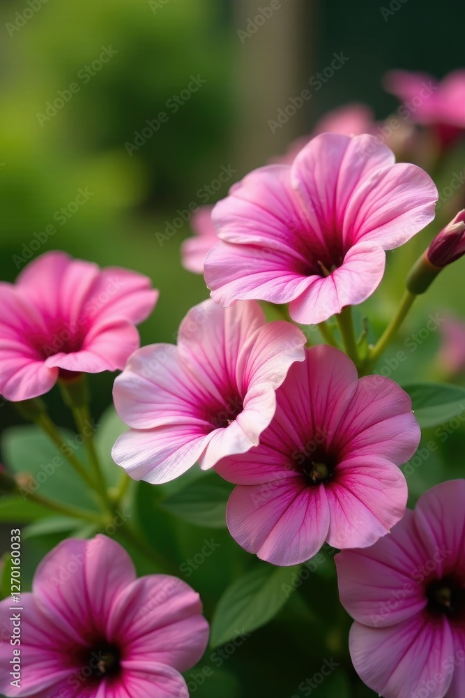 Pink petunia basil flowers blooming in a summer garden, blooms, garden Pink petunia basil flowers blooming in a summer garden, blooms, garden