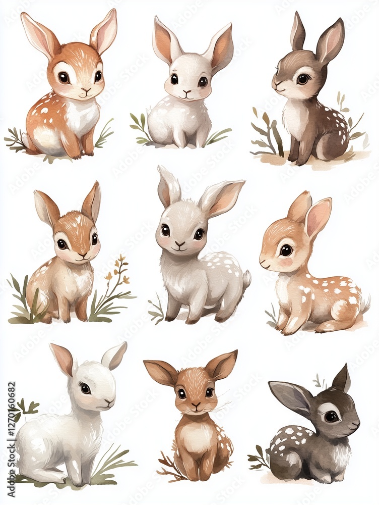 Obraz premium tender and warm baby animal paintings, Baby animals watercolor collection with bunnies and lambs, baby animals watercolor clipart for nursery designs