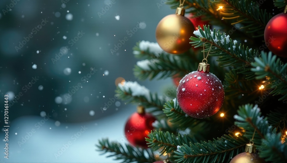 Snowflakes gently fall on the tree covered in red and gold ornaments, holiday, festive, merry atmosphere Snowflakes gently fall on the tree covered in red and gold ornaments, holiday, festive, merry atmosphere