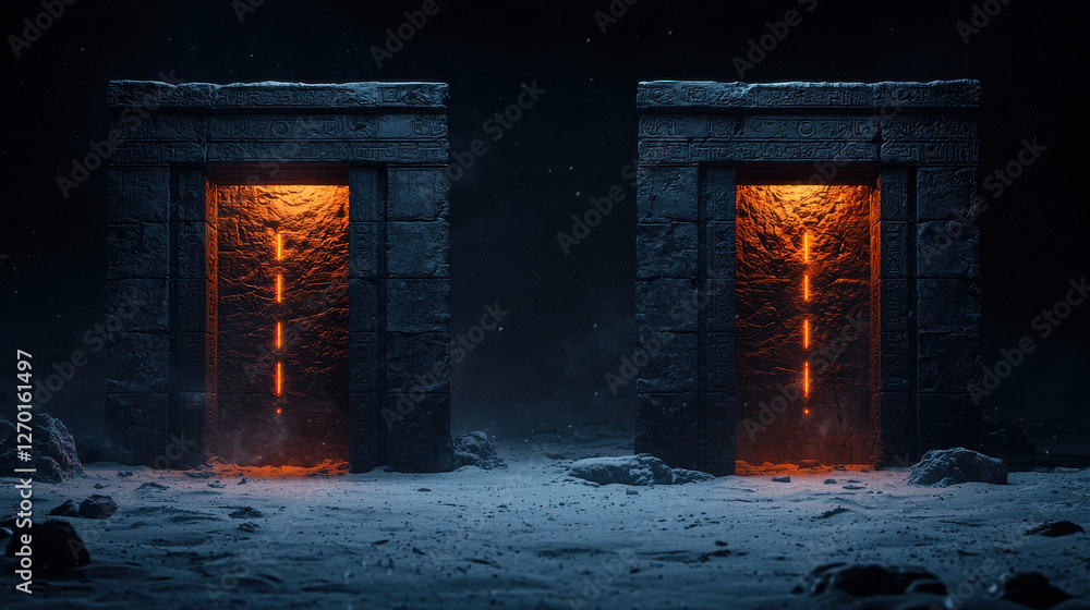 Fototapeta premium Snow Moon Concept, Ancient stone doors glowing with orange light in snowy landscape