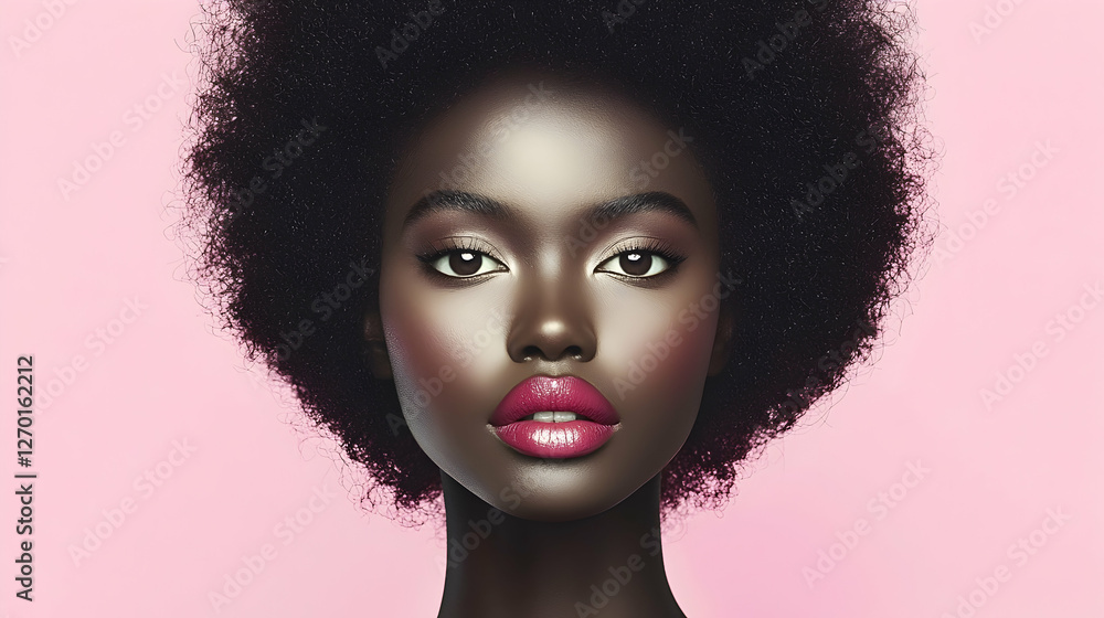 Fototapeta premium Beautiful young Black woman with a large afro hairstyle and pink lipstick posing against a solid pink background in a studio.
