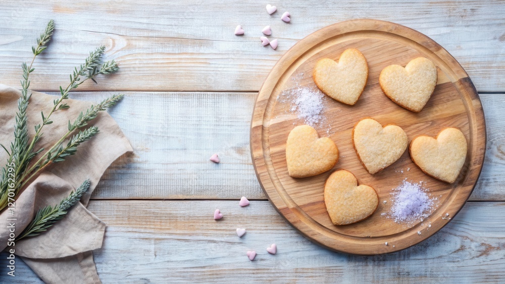 Heart-shaped cookies arranged on a wooden board, complemented by sprigs of herbs and pastel-colored candy hearts, create a delightful and charming tabletop scene. Heart-shaped cookies arranged on a wooden board, complemented by sprigs of herbs and pastel-colored candy hearts, create a delightful and charming tabletop scene.