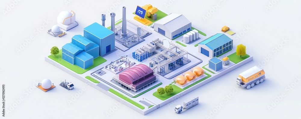 A colorful, isometric illustration of an industrial complex featuring factories, storage buildings, and transportation elements in a modern design. A colorful, isometric illustration of an industrial complex featuring factories, storage buildings, and transportation elements in a modern design.