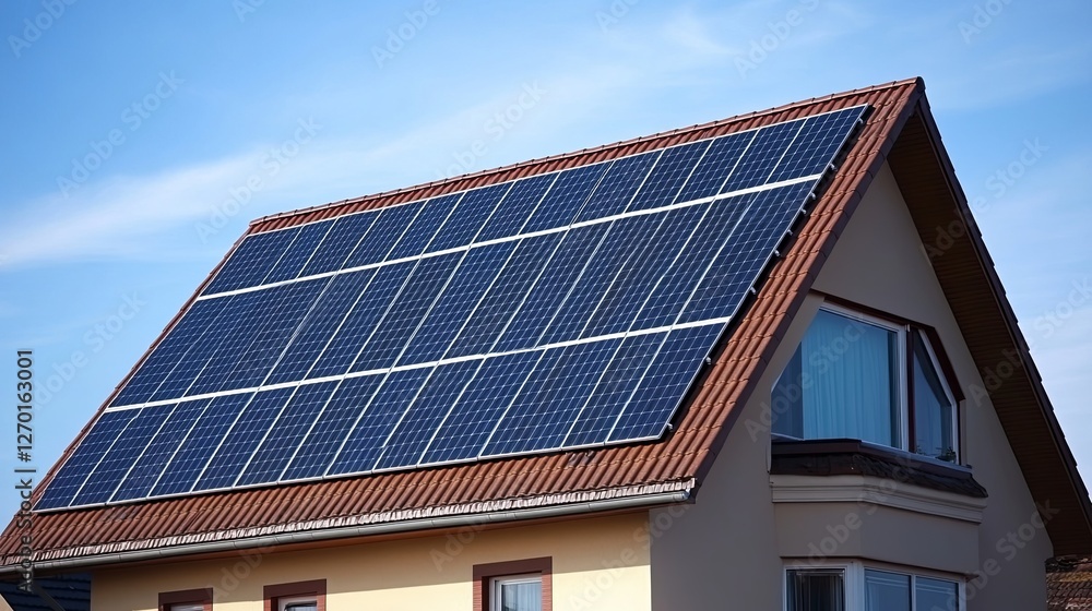 Modern house with solar panels on gable roof, clean design, natural light, sustainable living concept. Modern house with solar panels on gable roof, clean design, natural light, sustainable living concept.
