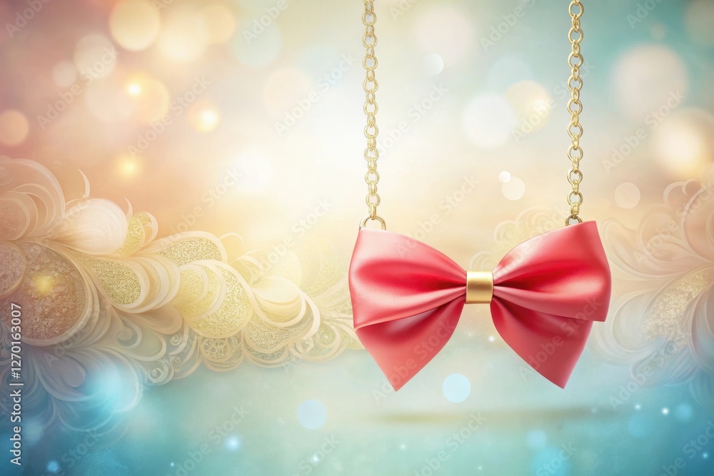 A delicate coral bow hangs from a golden chain against a softly blurred, pastel background featuring an ornate, abstract design. A delicate coral bow hangs from a golden chain against a softly blurred, pastel background featuring an ornate, abstract design.