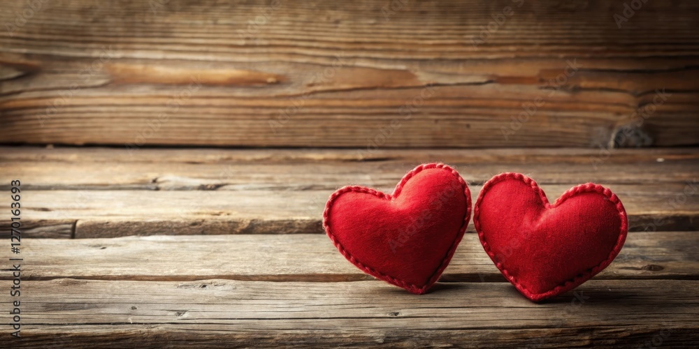 Two crimson felt hearts rest gently on rustic wooden planks, a symbol of affection and warmth. Two crimson felt hearts rest gently on rustic wooden planks, a symbol of affection and warmth.