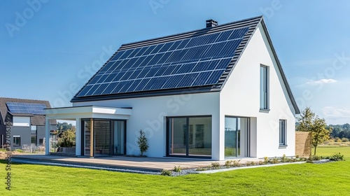 Modern house with solar panels on gable roof, clean design, natural light, sustainable living concept.