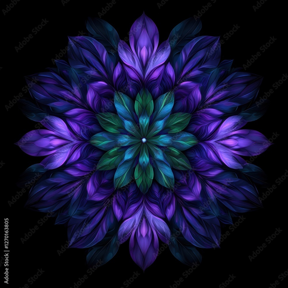 A vibrant mandala design featuring layered leaves in shades of purple and teal against a black background. A vibrant mandala design featuring layered leaves in shades of purple and teal against a black background.