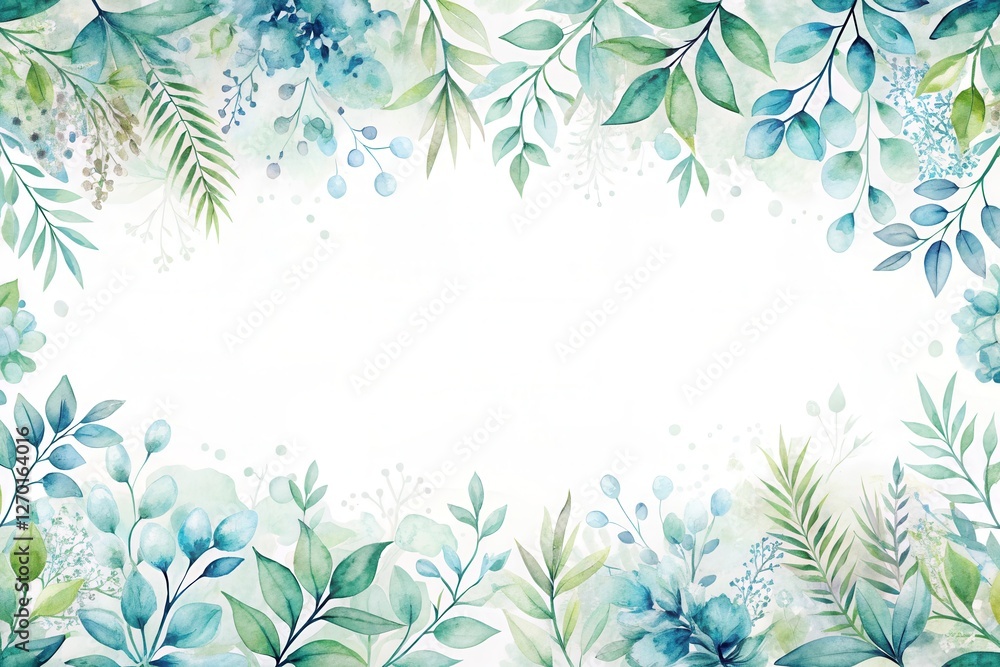 Fototapeta premium Serene Watercolor Floral Frame A Delicate Border of Lush Greenery and Soft Blue Blossoms Perfect for Elegant Designs