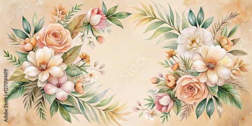Elegant watercolor floral arrangement with peach and white blossoms, lush greenery, and delicate foliage, ideal for wedding invitations or romantic decor