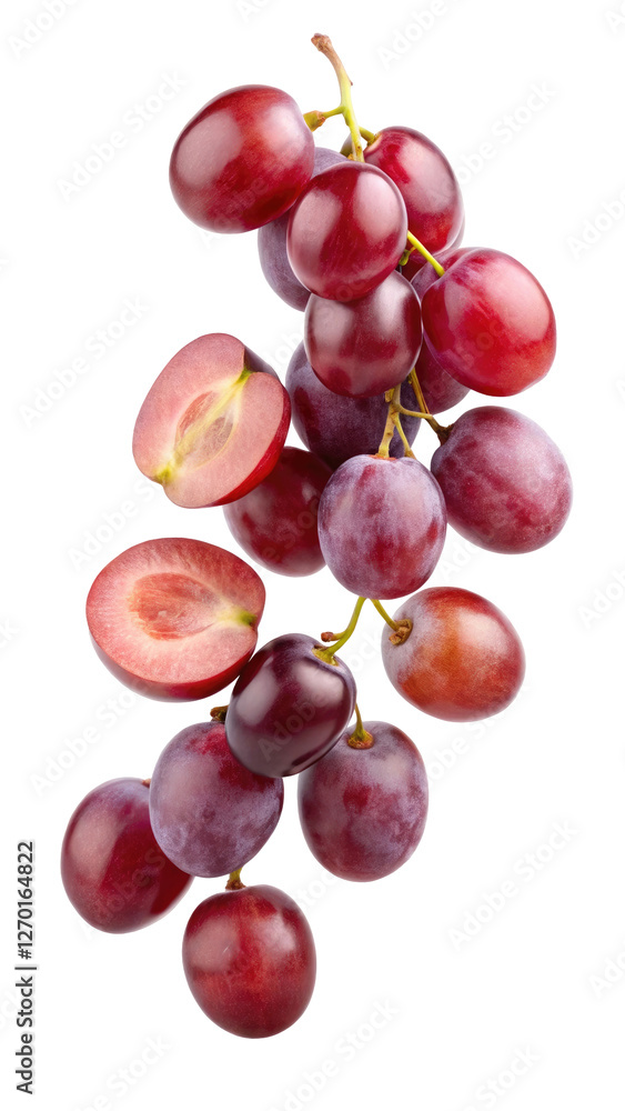 Obraz premium flying red grapes isolated on transparent white background, clipping path