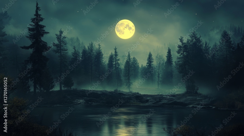 Fototapeta premium Enchanted Moonlight Night: Mystical Forest Lake