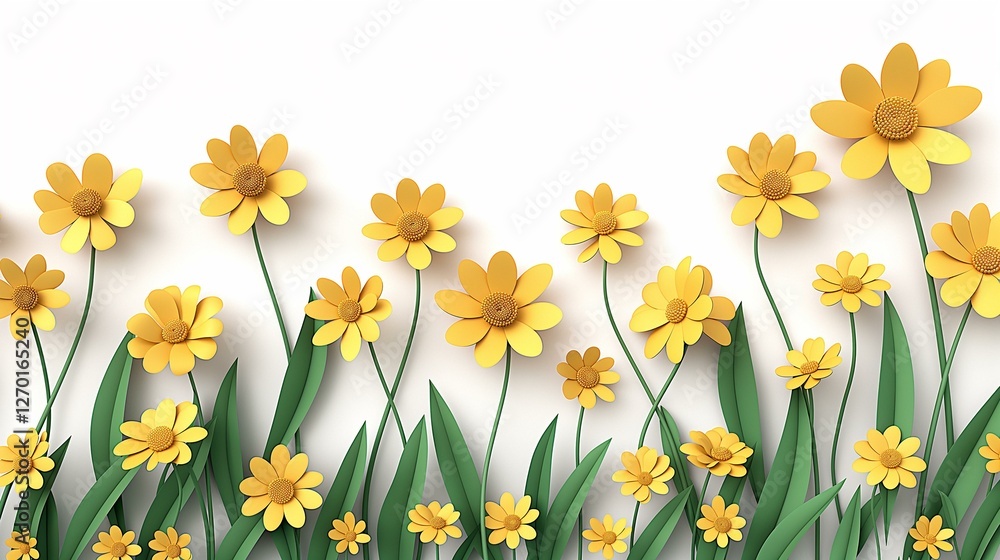 A Delightful Row of Paper Flowers in Vibrant Yellow Hues Against a Pristine White Background A Delightful Row of Paper Flowers in Vibrant Yellow Hues Against a Pristine White Background