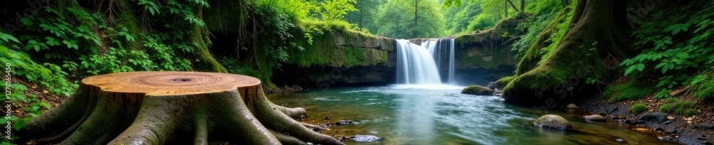Obraz premium Ancient tree stumps near cascading waterfalls in forest', trees, tree