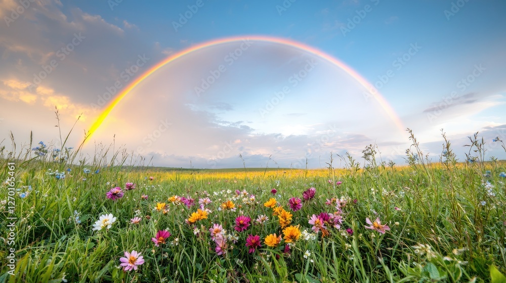 Naklejka premium Rainbow over wildflowers in field at sunset