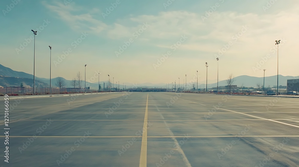 Fototapeta premium Empty Parking Lot with Mountain View