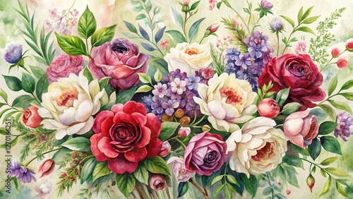 A vibrant watercolor painting of a lush bouquet featuring various blooms, including roses, peonies, and other flowering plants, displayed against a soft, textured background