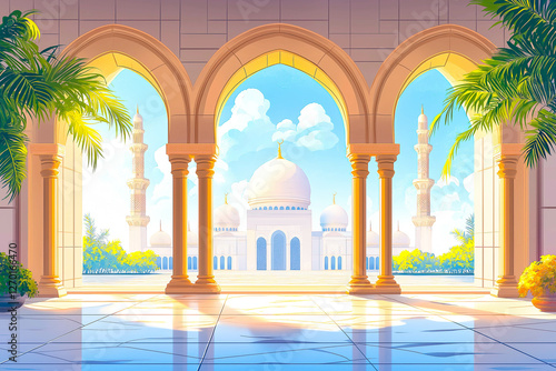 Collection of oriental style Islamic ramadan mubarak windows and arches with modern style design, door mosque, mosque dome and lanterns. Ramadan illustration