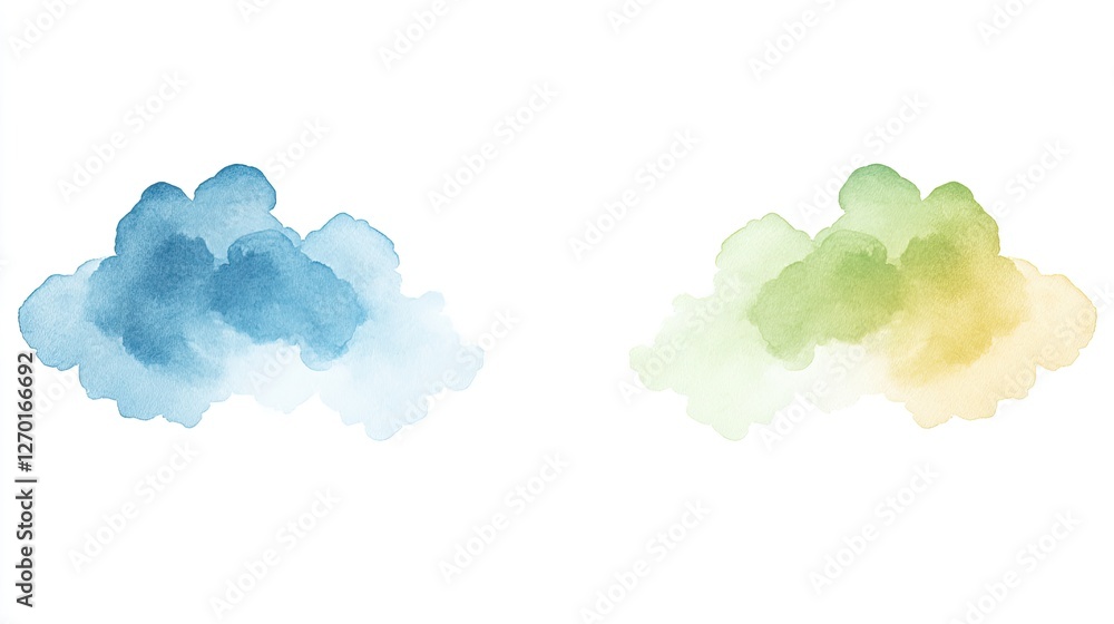 Soft watercolor clouds in blue and green hues, creating a serene atmosphere for artistic use