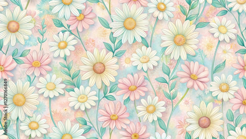 Pastel Daisies in a Soft Floral Arrangement A Delicate Watercolor Style Botanical Illustration Featuring an Abundance of Blooming Flowers