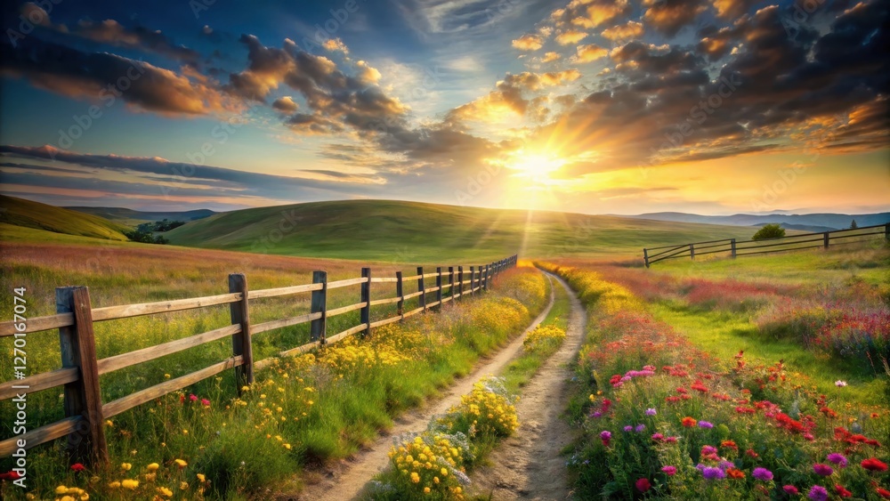 Serene Sunset Landscape A Rustic Wooden Fence Lines a Blooming Wildflower Path Leading Towards a Vibrant Horizon Serene Sunset Landscape A Rustic Wooden Fence Lines a Blooming Wildflower Path Leading Towards a Vibrant Horizon