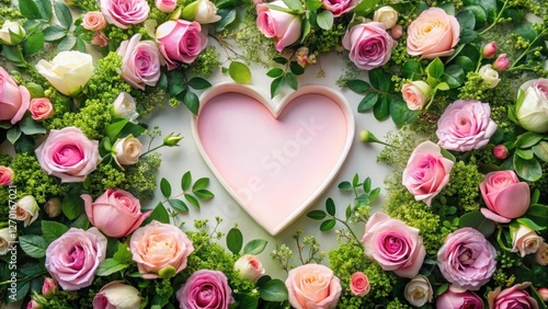 A heart-shaped frame nestled amongst a vibrant arrangement of pink and white roses, creating a romantic and delicate floral composition