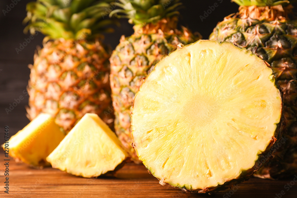 Whole and cut ripe pineapples on wooden table, closeup Whole and cut ripe pineapples on wooden table, closeup