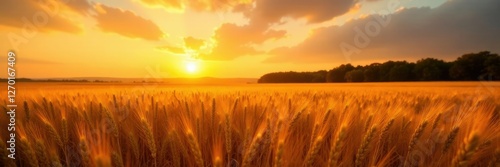 Evening golden glow over a harvested wheat field, daylight, nature