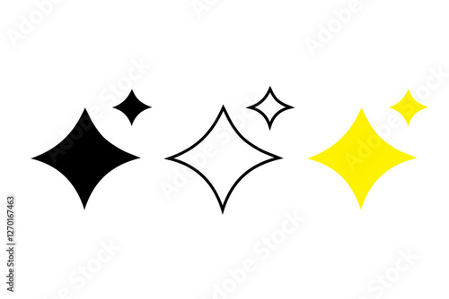 Sparkle star shapes. Black white variants. Bright yellow version. Vector decorative symbol.