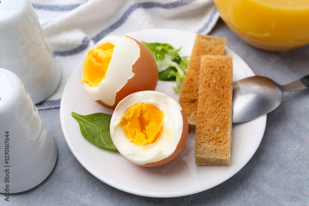 Soft boiled eggs with bread on grey table, closeup Soft boiled eggs with bread on grey table, closeup