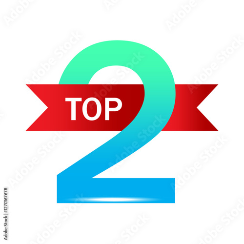 Top 2 label. Gradient two shape. Bold red ribbon. Vector concept.