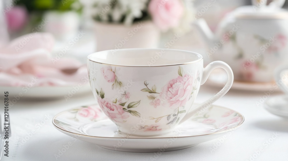A delicate teacup and saucer set, adorned with a charming pink floral pattern, sits on a table. The soft colors and elegant design create a serene and peaceful atmosphere. A delicate teacup and saucer set, adorned with a charming pink floral pattern, sits on a table. The soft colors and elegant design create a serene and peaceful atmosphere.
