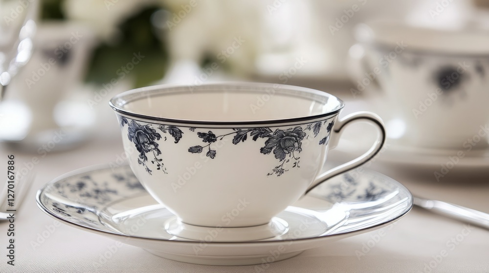 Elegant teacup and saucer with a delicate floral pattern. Perfect for a sophisticated afternoon tea. Elegant teacup and saucer with a delicate floral pattern. Perfect for a sophisticated afternoon tea.