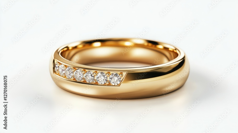 A classic gold band with a row of sparkling diamonds. This elegant ring is perfect for a special occasion. A classic gold band with a row of sparkling diamonds. This elegant ring is perfect for a special occasion.